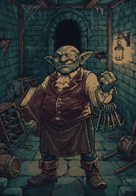The Goblin Landlord, a goblin in a waistcoat with a ledger and a ring of keys