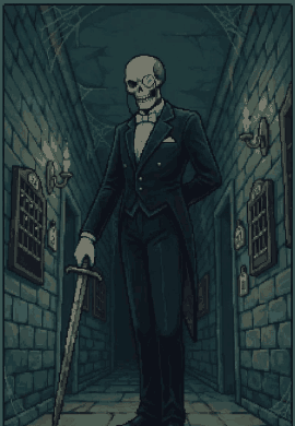Head Butler Crake, a skeleton butler in a tailcoat holding a sword in a dim corridor