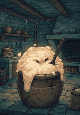 The Old Starter, a living mass of dough bubbling out of a huge cracked pot