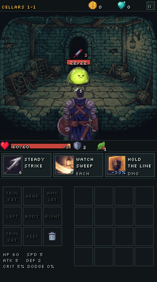 Fighting a slime in the Cellars with the equipment grid and backpack below