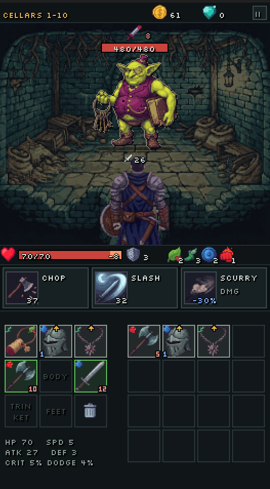 Facing the Goblin Landlord boss with a fully equipped hero