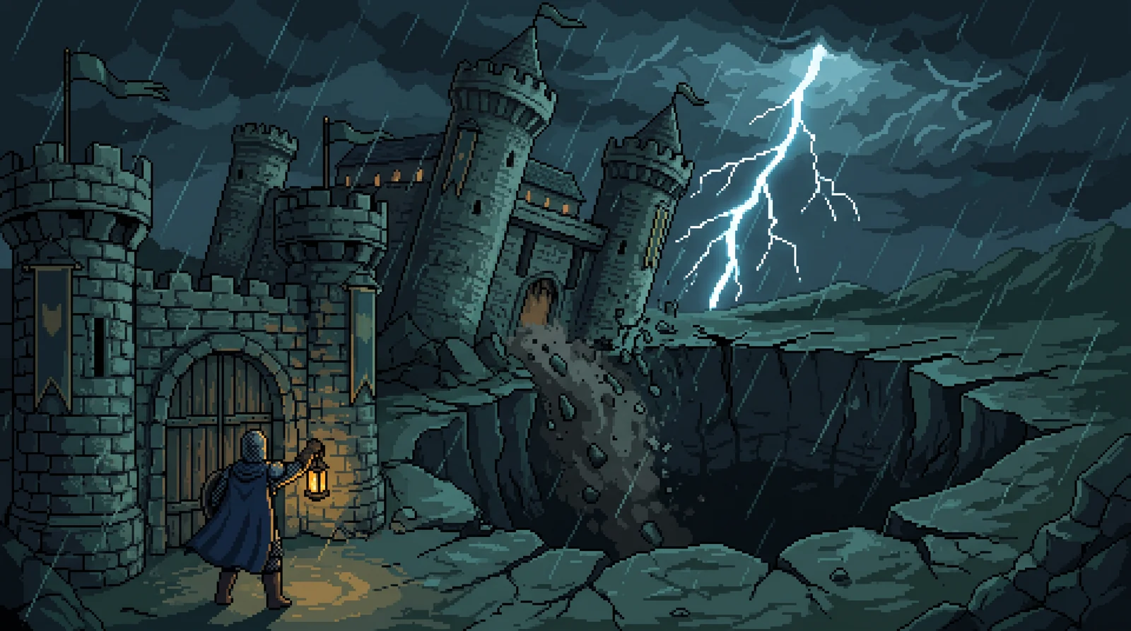 A stormy night: the castle of Varrow sinks into a chasm while a lone guard with a lantern holds the gate