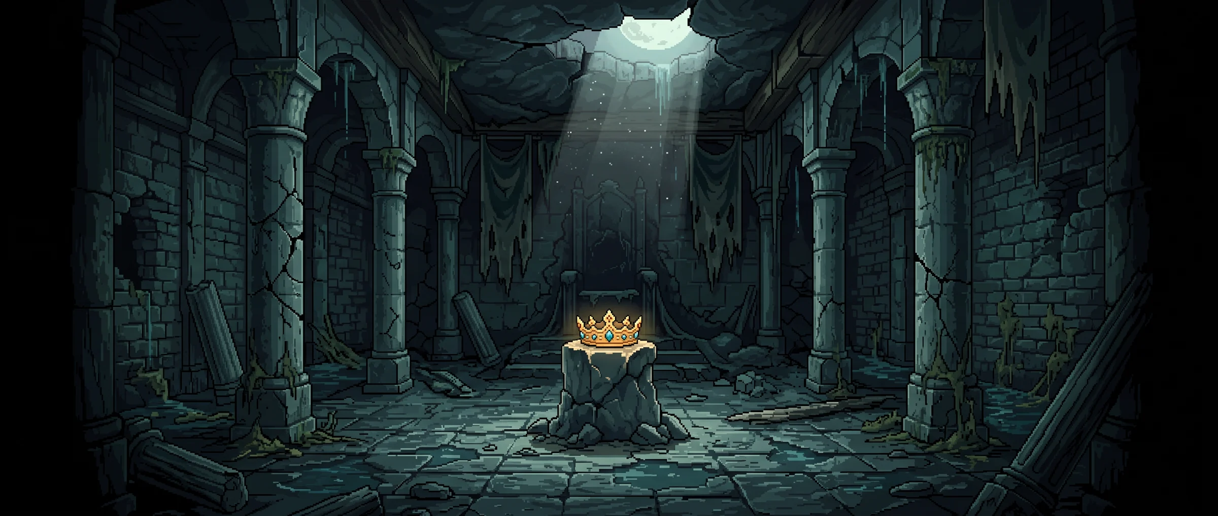 A drowned throne hall where a golden crown rests on a broken pedestal in a shaft of moonlight